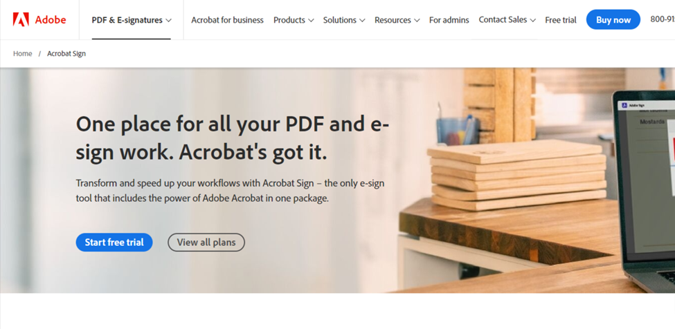 Webpage for Adobe Acrobat Sign showing PDF and e-signature services.