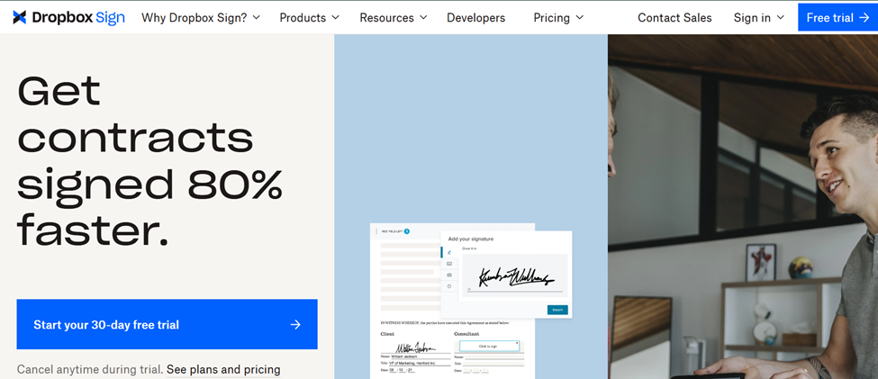 Dropbox Sign webpage promoting seamless signing within Dropbox.