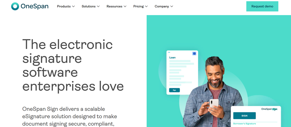 OneSpan Sign homepage showcasing its secure e-signature services.