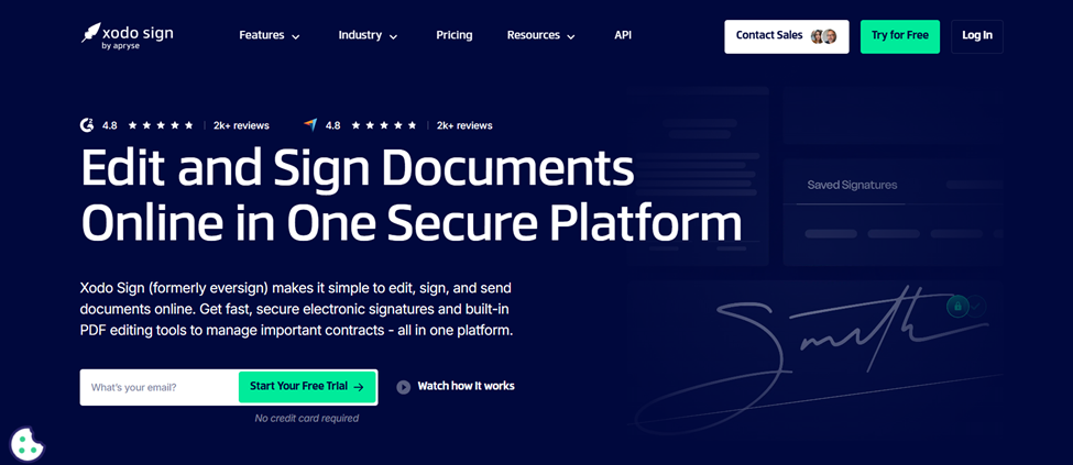 Xodo Sign homepage featuring secure digital signature solutions.