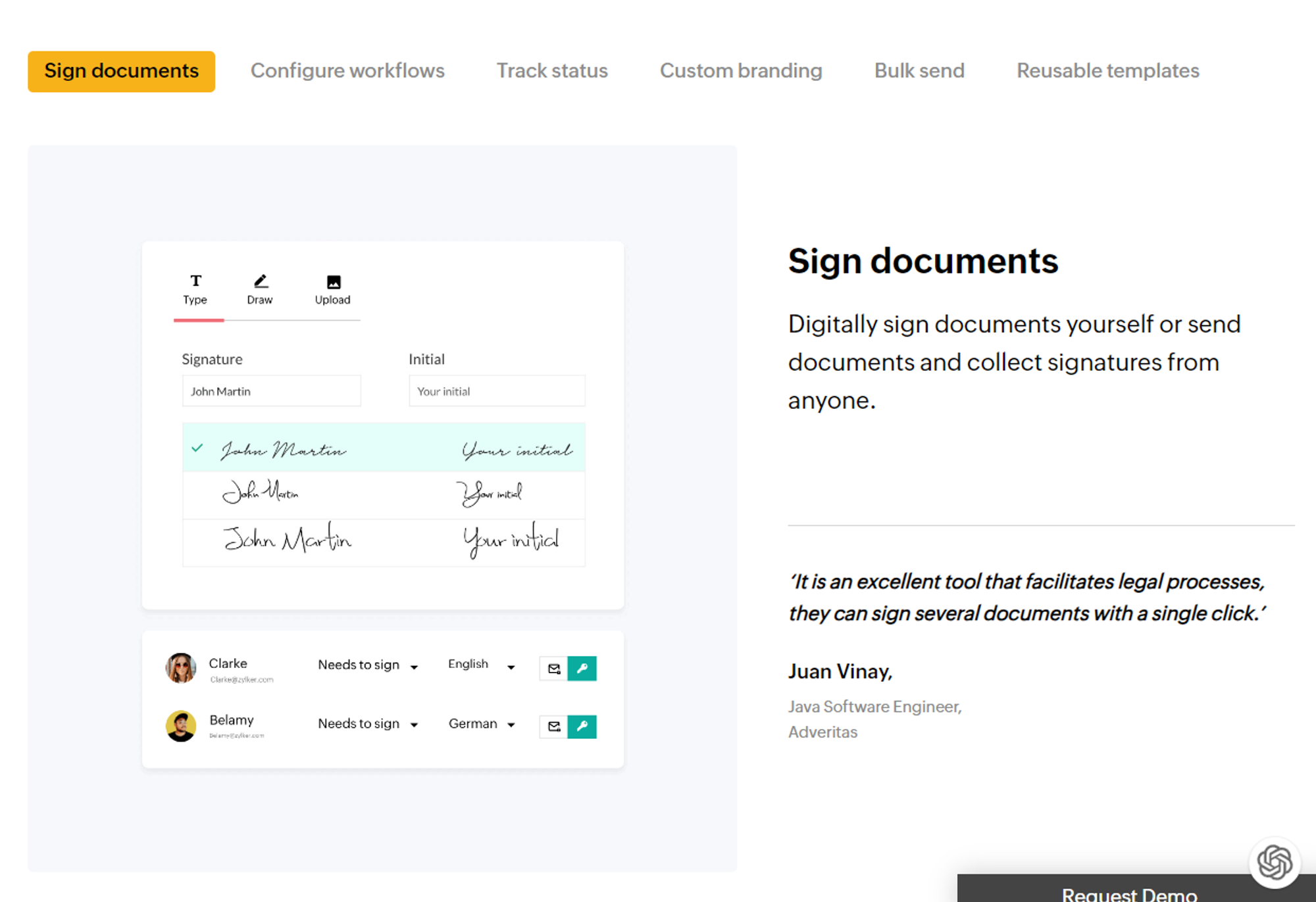 Interface showing digital signature options and a testimonial by a software engineer on the ease of use.